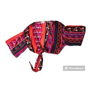 Patrons Of Peace Cropped Kimono Top Small  FLoral Front Ties Flare Sleev…